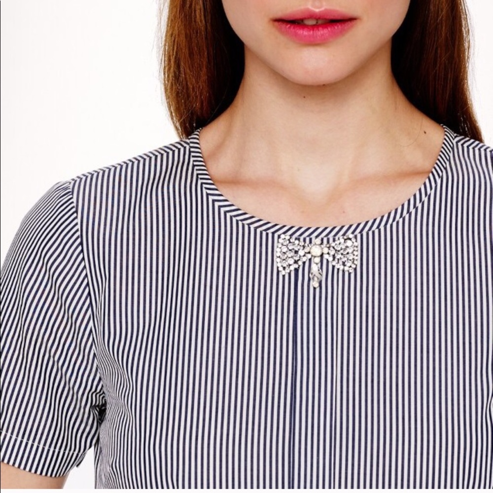 J Crew Navy and White Rhinestone Bow Blouse